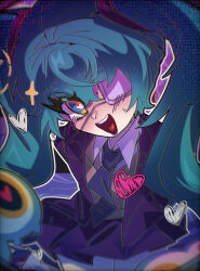 Rule 34 | 1girl, absurdres, aqua hair, black jacket, black necktie, black skirt, blush, brown sweater vest, commentary, eyeball, eyepatch, fisheye, from inside, hallucination, hatsune miku, heart, heart-shaped pupils, highres, jacket, medical eyepatch, monitoring (vocaloid), necktie, open mouth, peephole, pov peephole, satoro301, skirt, solo, sweat, sweater vest, symbol-only commentary, symbol-shaped pupils, vocaloid