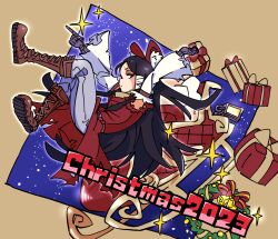 1girl 2023 arms_up bell belt black_eyes black_hair boots bow box brown_background brown_belt brown_boots christmas christmas_wreath closed_mouth coat commentary_request cookie_(touhou) detached_sleeves expressionless full_body gift gift_box gloves gram_9 grey_gloves grey_pants hair_bow hakurei_reimu highres lantern long_hair looking_at_viewer looking_to_the_side pants pointing red_bow red_coat scar scar_across_eye scar_on_face sidelocks sleeveless sleeveless_coat sleigh solo sparkle torn_clothes torn_sleeves touhou white_sleeves wreath yuki_haruka