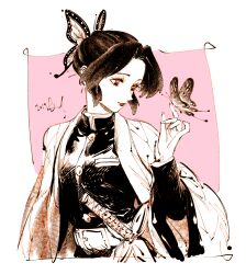 1girl belt bug butterfly butterfly_hair_ornament buttons dated demon_slayer_uniform eyelashes hair_bun hair_ornament insect jacket kimetsu_no_yaiba kochou_shinobu kotteri parted_bangs partially_colored pink_background smile solo sword upper_body weapon white_background
