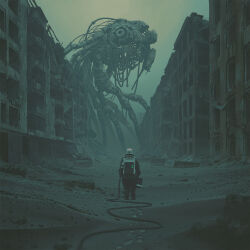 Rule 34 | 1other, ashes, backpack, bag, building, cable, dilapidated, grey theme, haze, highres, no humans, non-humanoid robot, outdoors, robot, ruins, science fiction, simon stalenhag, the labyrinth