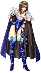 1girl bdsm blue_boots blue_thighhighs boots breasts brown_eyes brown_hair cape choker dominatrix female_focus flower full_body gloves groin hand_on_own_hip high_heel_boots high_heels hip_focus leaning leotard marie_pandragon mouth_hold rose short_hair solo tempest_(game) the_war_of_genesis thigh_boots thighhighs tiara tony_taka whip white_flower white_rose