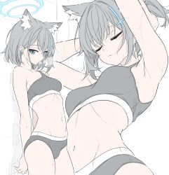 1girl absurdres alternate_costume alternate_hairstyle animal_ear_fluff animal_ears armpits arms_behind_back arms_up blue_archive blue_eyes blue_halo blush breasts closed_mouth commentary cowboy_shot cross cross_hair_ornament extra_ears grey_hair grey_panties grey_sports_bra hair_ornament halo highres inverted_cross looking_at_viewer medium_breasts navel panties shiroko_(blue_archive) short_hair simple_background sketch_background solo sports_bra sports_panties stomach sweat t1kosewad tying_hair underwear white_background wolf_ears wolf_girl
