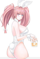 1girl alternate_costume animal_ear_hairband animal_ears ass atlanta_(kancolle) breasts brown_hair cup detached_collar drinking_glass fake_animal_ears fake_tail from_behind grey_eyes hairband highleg highleg_leotard holding holding_cup kantai_collection large_breasts leotard playboy_bunny rabbit_ear_hairband rabbit_ears rabbit_tail sideboob solo strapless strapless_leotard tail takase_asagiri two_side_up white_leotard