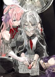 1boy 3girls asahina_mafuyu bare_shoulders black_dress black_hoodie blue_eyes bow closed_mouth dress hair_bow hairband highres hood hoodie long_hair long_sleeves mask megurine_luka multiple_girls pink_hair project_sekai purple_bow purple_eyes purple_hair pyongtaro reflection sidelocks surgery very_long_hair vocaloid white_hair white_hairband yoisaki_kanade yoisaki_kanade&#039;s_father