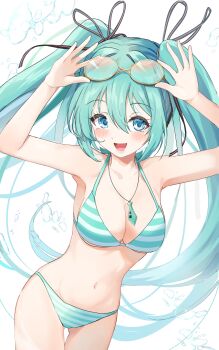 Rule 34 | 1girl, :d, absurdres, aqua bikini, arms up, bikini, blue eyes, blush, breasts, commentary request, cowboy shot, eyewear on head, gluteal fold, green hair, hair between eyes, halterneck, hatsune miku, highres, igayan, large breasts, long hair, looking at viewer, navel, open mouth, round eyewear, simple background, smile, solo, striped bikini, striped clothes, sunglasses, swimsuit, twintails, very long hair, vocaloid, white background