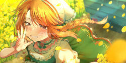1girl blush braid commentary_request dress floating_hair flower grey_eyes headscarf idolmaster idolmaster_cinderella_girls long_hair looking_at_viewer orange_hair petals smile solo sunlight toya_0321 wind yellow_flower yuuki_haru