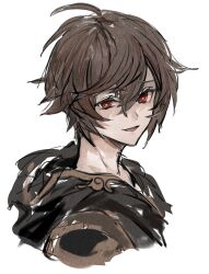 1boy absurdres brown_hair commentary_request cropped_torso granblue_fantasy hair_between_eyes highres hood hood_down male_focus parted_bangs red_eyes sandalphon_(granblue_fantasy) short_hair simple_background smile solo udgg093577 upper_body white_background