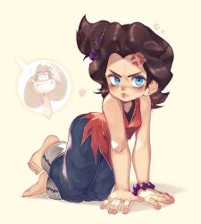 1girl absurdres anger_vein barefoot blue_eyes blue_pants bracelet brown_hair commentary donkey_kong donkey_kong_(series) donkey_kong_bananza eyelashes freckles frown highres jewelry nintendo onimiere pants pauline_(mario) pauline_(young)_(mario) ponytail solo v-shaped_eyebrows