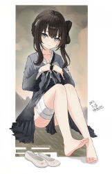 1girl absurdres artist_name bandaged_leg bandages bare_legs barefoot black_hair blue_eyes blush closed_mouth collarbone dated dress feet full_body grey_dress grey_eyes highres lao_xi legs long_hair long_sleeves looking_at_viewer mansui_(the_hungry_lamb) mole mole_under_eye shoes shuangyaji sidelocks signature sitting smile soles solo the_hungry_lamb:_traveling_in_the_late_ming_dynasty toenails toes unworn_shoes