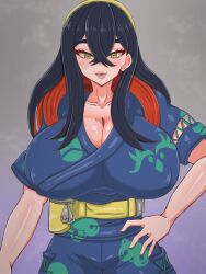 1girl black_hair breasts carmine_(pokemon) crossed_bangs hair_between_eyes hairband huge_breasts japanese_clothes kimono long_hair multicolored_hair nintendo pokemon pokemon_sv red_hair two-tone_hair u_na_765
