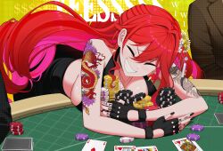1girl absurdres ace_(playing_card) ace_of_hearts arm_tattoo bent_over black_dress black_gloves black_nails blush breasts card cleavage closed_eyes dragon_tattoo dress earrings elly_(vtuber) elly_(vtuber)_(casino) finger_tattoo fingerless_gloves flower gloves hair_between_eyes hair_ornament heart highres indie_virtual_youtuber jack_(playing_card) jack_of_hearts jewelry king_(playing_card) king_of_hearts_(playing_card) long_hair nail_polish necklace playing_card poker_chip queen_(playing_card) queen_of_hearts_(playing_card) red_hair riki-to smile tattoo virtual_youtuber white_flower