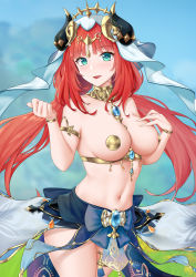 1girl absurdres armlet bracelet breasts circlet floating_hair forehead_jewel genshin_impact gold gold_bracelet green_eyes hands_up highres horns jewelry large_breasts long_hair looking_at_viewer low_twintails navel neck_ring nilou_(genshin_impact) parted_lips pasties red_hair solo stomach thighlet topless_female twintails veil yiler