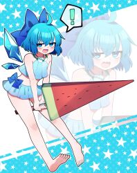 ! 1girl :d ahoge barefoot bikini blue_background blue_bikini blue_bow blue_eyes blue_hair blue_nails blush bow cirno commentary detached_wings fang food full_body hair_bow highres holding ice ice_wings nail_polish open_mouth outline polka_dot polka_dot_background popsicle short_hair skin_fang smile solo spoken_exclamation_mark standing star_(symbol) star_symbol_background swimsuit toenail_polish toenails touhou two-tone_background watermelon_bar white_background white_outline wings you_(noanoamoemoe) zoom_layer