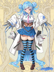 1girl blue_skirt blue_thighhighs brown_shoes coat dairoku_ryouhei double_bun eyepatch hair_bun highres knife lab_coat loafers long_hair looking_at_viewer necktie open_clothes open_coat paper pen pink_eyes pink_necktie pocket shirt shoes skindentation skirt sleeves_past_fingers sleeves_past_wrists slime_(substance) solo stain striped_clothes striped_thighhighs syringe thighhighs tyrone very_long_hair white_coat white_shirt yawaragi_meruto yellow_background