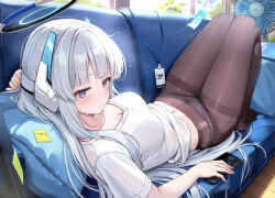 1girl black_pantyhose blue_archive blush breasts cleavage closed_mouth commentary_request couch dasiu electric_fan halo headgear highres holding holding_phone indoors knees_up lanyard lying mechanical_halo navel noa_(blue_archive) on_back on_couch panties panties_under_pantyhose pantyhose phone purple_eyes shirt short_sleeves sweat underwear unworn_lanyard white_hair white_halo white_panties white_shirt