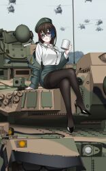 1girl absurdres aircraft aviator_sunglasses beret black_pantyhose black_shoes blue_hair blurry blurry_background breasts brown_hair collared_shirt commentary commentary_request commission crossed_legs cup dress_shirt english_commentary green_hat green_jacket green_skirt hand_up hat helicopter heterochromia high_heels highres holding holding_cup jacket k2_black_panther keiita korean_commentary large_breasts long_hair long_sleeves looking_at_viewer military_vehicle miniskirt mixed-language_commentary motor_vehicle multicolored_hair off_shoulder on_tank original outdoors pantyhose pencil_skirt red_eyes red_hair republic_of_korea_army seoyun_kovalenko_(laotianaviator) shirt shoes sitting skirt solo sunglasses tank teeth white_shirt yellow_eyes