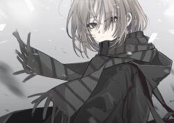 1girl absurdres black_coat closed_mouth coat commentary expressionless eyes_visible_through_hair floating_scarf from_side grey_eyes grey_hair grey_scarf hair_over_one_eye highres hood hood_down hooded_coat long_sleeves looking_at_viewer medium_hair muted_color original outdoors scarf snowing solo striped_clothes striped_scarf teizen_(niwamaee) upper_body wind