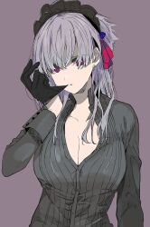 1girl black_gloves black_headdress black_shirt breasts cleavage collarbone earrings gloves grey_hair hair_ribbon hand_up jewelry large_breasts long_hair maid_headdress mouth_hold original parted_lips purple_eyes red_ribbon ribbed_shirt ribbon shirt shotan simple_background solo teeth_hold upper_body