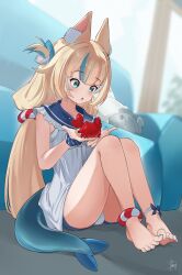 1girl absurdres animal_ear_fluff animal_ears ankle_bow ankle_ribbon barefoot blonde_hair blue_eyes blue_hair blue_nails blue_sailor_collar blunt_bangs bow cat_ears couch crab dress fins fish_girl fish_tail frilled_sailor_collar frills highres indie_virtual_youtuber kaniki_(sameko_saba) lifebuoy_anklet lifebuoy_hair_ornament long_hair low_twintails multicolored_hair nail_polish on_floor one_side_up panties phaego ribbon sailor_collar sailor_dress sameko_saba sitting solo streaked_hair tail toenail_polish toenails twintails underwear very_long_hair virtual_youtuber white_dress white_panties