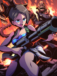 1boy 1girl black_skirt blue_eyes blue_tube_top break-action_grenade_launcher breasts brown_hair capcom cleavage fire grenade_launcher highres hk-p_l1 jill_valentine miniskirt nemesis_(resident_evil) pechamaju resident_evil resident_evil_3:_nemesis short_hair skirt stitched_face stitches strapless tentacles tube_top weapon