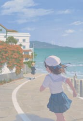 2girls absurdres blue_skirt blue_sky brown_hair bush cloud commentary_request day fence hat highres house hyxifeng multiple_girls ocean original outdoors pleated_skirt road running sailor_collar sailor_hat scenery school_uniform serafuku shirt short_hair short_sleeves skirt sky utility_pole white_hat white_shirt wide_shot wind_turbine windmill