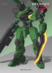 Rule 34 | arm blade, artist name, commentary, commission, english commentary, full body, gun, harryych, highres, holding, holding gun, holding weapon, mecha, mecha focus, mixed-language commentary, no humans, original, robot, science fiction, shadow, shoulder cannon, weapon, yellow eyes
