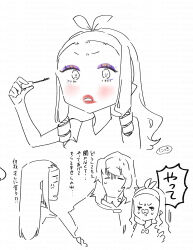 absurdres anger_vein bare_shoulders character_request closed_eyes curse_maker curse_maker_1 doctor_magus doctor_magus_4 dress etrian_odyssey eyeshadow forehead highres holding long_hair makeup mascara_wand monochrome nikki_kyousuke open_mouth partially_colored profile purple_eyeshadow red_lips ringlets shirt simple_background sleeveless sleeveless_dress sweat tears translation_request turn_pale watermark wavy_mouth white_background