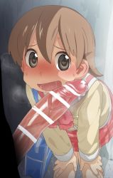 1boy 1girl absurdres aioi_yuuko bag bar_censor bent_over blue_bag blush bow bowtie brown_eyes brown_hair cardigan censored drooling erection full-face_blush hands_on_own_knees heart heart-shaped_pupils hetero highres imminent_fellatio long_sleeves miniskirt mizumizuni nichijou penis penis_awe pink_bow pink_neckwear pink_skirt precum sailor_collar school_bag school_uniform serafuku short_hair shoulder_bag skirt sweat symbol-shaped_pupils tokisadame_school_uniform twitter_username white_sailor_collar yellow_cardigan
