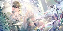 1girl alternate_costume ankle_ribbon barefoot blunt_bangs braid chair clock commentary_request company_name computer_keyboard computer_mouse controller cookie copyright_notice cpu cup desk deskmat digital_clock dress flower food gaming_chair green_eyes green_hair hair_ornament hanabusa_lisa handheld_game_console headphones indoors knee_up lace lace-trimmed_dress lace_trim leg_ribbon long_dress long_hair long_sleeves looking_at_viewer microphone monitor official_art plant ribbon riichu sample_watermark see-through_clothes see-through_dress side_braid sitting smile solo stairs studio_microphone swivel_chair teacup three_quarter_view tucking_hair unworn_headphones virtual_youtuber vspo! watermark white_streaks
