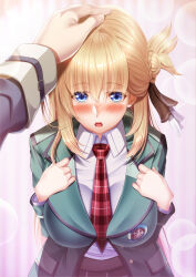 1girl 1other agnes_claudel blonde_hair blush breasts curtains eiyuu_densetsu hands_on_own_chest hanging_breasts headpat kai_no_kiseki kuro_no_kiseki_(series) lar large_breasts lips long_hair nails necktie open_mouth pink_background pov school_uniform yuuzuki_hijiri