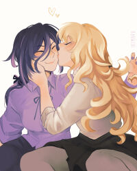 2girls black_skirt blonde_hair blush clorinde_(genshin_impact) closed_eyes closed_mouth collared_shirt commentary genshin_impact heart highres ikimaru kiss kissing_cheek long_hair multicolored_hair multiple_girls navia_(genshin_impact) purple_hair purple_nails purple_shirt shirt simple_background skirt streaked_hair symbol-only_commentary white_background white_shirt yuri