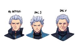 3boys black_coat blue_coat butter_sugoi coat devil_may_cry devil_may_cry_(series) devil_may_cry_3 devil_may_cry_5 frown grey_eyes grey_hair highres male_focus multiple_boys multiple_persona smile vergil_(devil_may_cry) widow&#039;s_peak