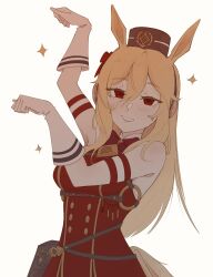 absurdres animal_ears blonde_hair bow cosplay dress ear_ornament ear_ribbon gloves gold_ship_(umamusume) highres hololive hololive_indonesia horse_ears horse_girl horse_tail kaela_kovalskia kemonomimi_mode red_dress red_eyes red_gloves simple_background srewe5 stitched_face stitches sunglasses tail umamusume virtual_youtuber