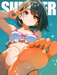 1girl :3 aqua_background bare_legs barefoot bikini black_hair blue_nails blurry blurry_foreground breasts collarbone davoxime depth_of_field english_text eyeshadow feet foot_focus frilled_bikini frills from_below gradient_background hair_between_eyes hand_up highres light_blush light_particles looking_at_viewer looking_down makeup o-ring o-ring_bikini orange_eyes original raised_eyebrows red_eyeshadow short_hair simple_bird small_breasts smile soles solo standing standing_on_one_leg swimsuit toes v white_bikini