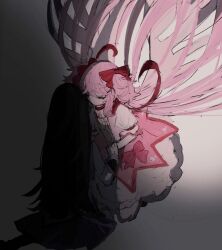 a_umanee akemi_homura black_hair bubble_skirt closed_eyes comforting dress highres holding_hands long_hair magical_girl mahou_shoujo_madoka_magica pink_dress pink_hair shadow short_twintails skirt twintails very_long_hair white_background