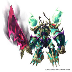 adapted_costume colored_skin digimon digimon_(creature) fire full_body green_fire green_skin highres holding holding_sword holding_weapon keyliom red_eyes simple_background sword titamon weapon white_background