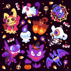 ^_^ black_background candy closed_eyes commentary creature cubone english_commentary facing_viewer fangs food gen_1_pokemon gen_2_pokemon gen_3_pokemon gen_5_pokemon gen_6_pokemon gen_7_pokemon halloween haunter litwick looking_at_viewer mimikyu nintendo no_humans pokemon pokemon_(creature) pumpkaboo purple_eyes rattata sableye simple_background spinarak versiris zubat