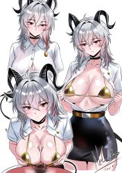1boy 1girl absurdres ahoge bikini black_choker black_horns black_skirt breasts button_gap choker clothes_pull commentary cum earrings gold_bikini grey_hair hetero highres horns jewelry large_breasts male_pubic_hair mole mole_on_breast mole_under_eye multicolored_hair multiple_views nekobox open_clothes open_shirt paizuri pencil_skirt pubic_hair red_eyes shirt shirt_pull single_earring skirt streaked_hair swimsuit thai_college_uniform white_shirt wuthering_waves zani_(wuthering_waves)