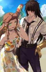 1boy 1girl aerith_gainsborough aerith_gainsborough_(citric_dress) arm_belt armlet beach black_gloves black_hair black_headband black_necktie blue_sky bracelet breasts brown_hair choker clawed_gauntlets cleavage closed_mouth collared_shirt cowboy_shot dress earrings final_fantasy final_fantasy_vii final_fantasy_vii_ever_crisis food-themed_earrings food_print food_themed_earrings fruit_print gloves green_eyes green_ribbon hair_between_eyes hair_ribbon half_updo hand_in_own_hair hand_on_own_hip headband highres holding_behind_back holding_weapon_behind_back jewelry lens_flare long_dress long_hair medium_breasts necktie official_alternate_costume open_mouth orange-shaped_earrings orange_print palm_tree pants parted_bangs purple_pants red_eyes ribbon shirt sidelocks sky smile strapless strapless_dress suspenders tree vani_(hisha_04) vincent_valentine vincent_valentine_(formal_attire) white_shirt