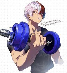 Rule 34 | 1boy, black shirt, blue eyes, boku no hero academia, burn scar, collarbone, commentary request, cropped torso, double-parted bangs, dumbbell, exercising, grey eyes, hair between eyes, hand up, heterochromia, highres, holding, holding dumbbell, kawaharaaisu, looking at object, looking down, male focus, multicolored hair, muscular, muscular male, parted lips, polka dot, polka dot background, red hair, scar, scar on face, shirt, short hair, short sleeves, solo, split-color hair, sweat, todoroki shoto, twitter username, two-tone hair, upper body, weightlifting, white background, white hair