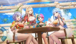 1girl 4girls :3 beach beach_house blonde_hair blue_eyes blue_hair blue_sky bob_cut bracelet breasts cleavage closed_eyes closed_mouth cup day diagonal_bangs dolphin_wave eating floral_print_shirt food game_cg green_hair hawaiian_shirt helly_lewis highres holding holding_cup holding_spoon ice_cream jewelry kirahoshi_kanna kukuri_tomo large_breasts light_blush light_smile long_hair looking_at_viewer midriff multicolored_hair multiple_girls navel nayuki_hiori necklace non-web_source ocean official_alternate_costume official_art on_chair ootomo_takuji open_clothes open_mouth open_shirt orange_eyes palm_tree parfait pink_hair purple_hair red_eyes red_shirt sandals seashell shaved_ice shell shirt short_hair short_sleeves shorts sky smile split-color_hair spoon starfish strapless streaked_hair sunlight table tied_shirt transparent_background tree tube_top two-tone_hair very_long_hair wavy_hair white_shirt white_shorts wooden_table yellow_eyes yellow_shirt
