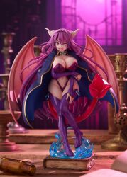 1girl ;d absurdres alma_elma animal_ears apron arm_under_breasts black_corset black_dress black_panties book bookmark boots bottle breasts bridal_gauntlets candlestand cleavage cloak commentary_request cool-kyou_shinja corset demon_girl demon_horns demon_tail demon_wings dress facial_tattoo fangs figure fingernails full_body grey_horns hair_between_eyes hand_on_own_thigh high_heel_boots high_heels highleg highleg_panties highres horns large_breasts leg_tattoo long_hair looking_at_viewer mon-musu_quest! navel official_art on_book one_eye_closed open_mouth panties photo_(medium) pink_tail pink_wings promotional_art purple_boots purple_bridal_gauntlets purple_hair red_eyes second-party_source slit_pupils smile solo standing_on_book tail tattoo thigh_boots thighhighs underwear very_long_hair wide_hips wind wings