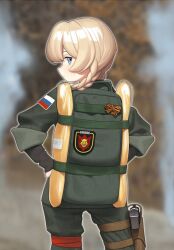 1girl abbystea backpack bag baguette blonde_hair blue_eyes blurry blurry_background braid bread character_request copyright_request food from_behind gun handgun holster looking_back military_uniform ribbon_of_saint_george russian_flag russian_ground_forces russian_text solo thigh_holster translation_request weapon