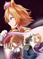 &gt;:) 3girls absurdres admire_vega_(umamusume) animal_ears bare_shoulders blonde_hair blue_pajamas blue_pants blue_shirt blush bow brown_hair clenched_hand closed_mouth commentary_request crown fingerless_gloves forehead gloves highres horse_ears jacket jewelry mini_crown multiple_girls narita_top_road_(umamusume) off_shoulder orange_hair pajamas pants parted_bangs profile puffy_short_sleeves puffy_sleeves purple_bow purple_eyes purple_jacket purple_shirt ring school_uniform shi_(kamokamo910) shirt short_sleeves smile t.m._opera_o_(umamusume) tracen_school_uniform umamusume umamusume:_road_to_the_top v-shaped_eyebrows white_gloves yellow_eyes