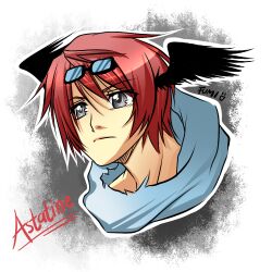 1boy assassin_cross_(ragnarok_online) black_wings blue_scarf character_name closed_mouth commentary english_commentary expressionless eyewear_on_head feathered_wings fumiddition grey_background grey_eyes head_wings looking_afar lowres male_focus portrait ragnarok_online red_hair scarf short_hair solo white_background wings