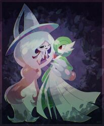 2girls absurdly_long_hair absurdres arm_around_waist arm_at_side artist_name black_sclera blue_hair blue_hat blush bob_cut border chromatic_aberration closed_mouth colored_eyelashes colored_sclera colored_skin dated eye_contact female_focus flat_chest full_body gardevoir gen_3_pokemon gen_8_pokemon gradient_hair green_hair green_skin hair_over_one_eye half-closed_eyes hand_on_another&#039;s_hand hand_to_own_mouth hand_up hands_up happy hat hatterene highres interspecies long_hair looking_at_another mr_h202 multicolored_hair multicolored_skin multiple_girls nintendo no_feet one_eye_covered open_mouth outline parted_bangs pink_border pink_hair pink_skin pokemon pokemon_(creature) prehensile_hair purple_background red_eyes ringed_eyes short_hair sidelocks signature smile standing two-tone_hair two-tone_skin very_long_hair white_eyes white_outline white_skin witch_hat yuri