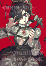 1girl absurdres black_corset black_eyes black_hair breasts commission corset english_text hammer highres holding holding_hammer looking_at_viewer medium_hair one_eye_covered open_mouth original red_background red_pupils shirt small_breasts solo tacfigure teeth upper_teeth_only watermark white_shirt