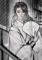 1boy absurdres black_eyes black_hair chinese_clothes chinese_commentary closed_mouth earrings folding_fan hand_fan hanfu highres holding holding_fan jewelry long_hair long_sleeves looking_down male_focus qiang_jin_jiu shen_zechuan single_earring solo watermark weibo_watermark window_blinds zhi_yan_zhi