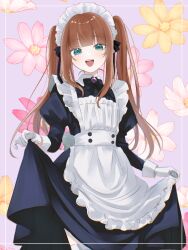 1girl apron black_bow blush bow brown_hair commentary_request floral_background gloves green_eyes hair_bow highres long_sleeves looking_at_viewer maid maid_apron maid_headdress maru_ru2020 nijisanji open_mouth puffy_sleeves solo teeth twintails upper_teeth_only virtual_youtuber white_apron white_gloves yokaze_yui