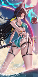 1girl alternate_costume animal_ears arm_strap ass bare_shoulders bikini blush closed_mouth commentary english_commentary feet_out_of_frame from_behind green_bikini highres hoshimi_miyabi liang_xing long_hair looking_at_viewer looking_back outdoors patreon_username red_eyes solo standing swimsuit tailless_(zenless_zone_zero) thigh_strap thighs water weapon zenless_zone_zero